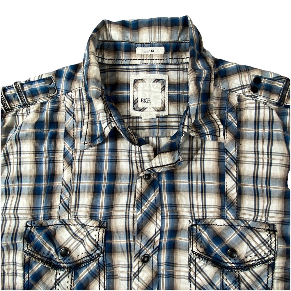 BKE Mens Shirt Large Western Black Snaps Plaid Heavy Stitch Short Slv Cowboy